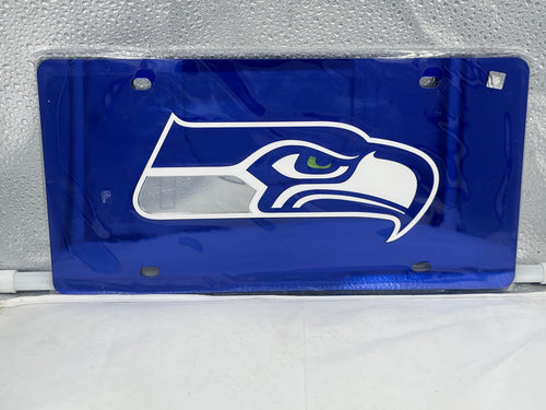 Seattle Seahawks NFL Blue Reflective Lasercut License Plate by WinCraft showcasing the iconic Seahawks logo and blue reflective finish