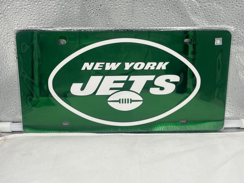 New York Jets NFL Green Reflective Lasercut License Plate from WinCraft, showcasing a vibrant green color and the iconic Jets logo, perfect for displaying team loyalty on vehicles.