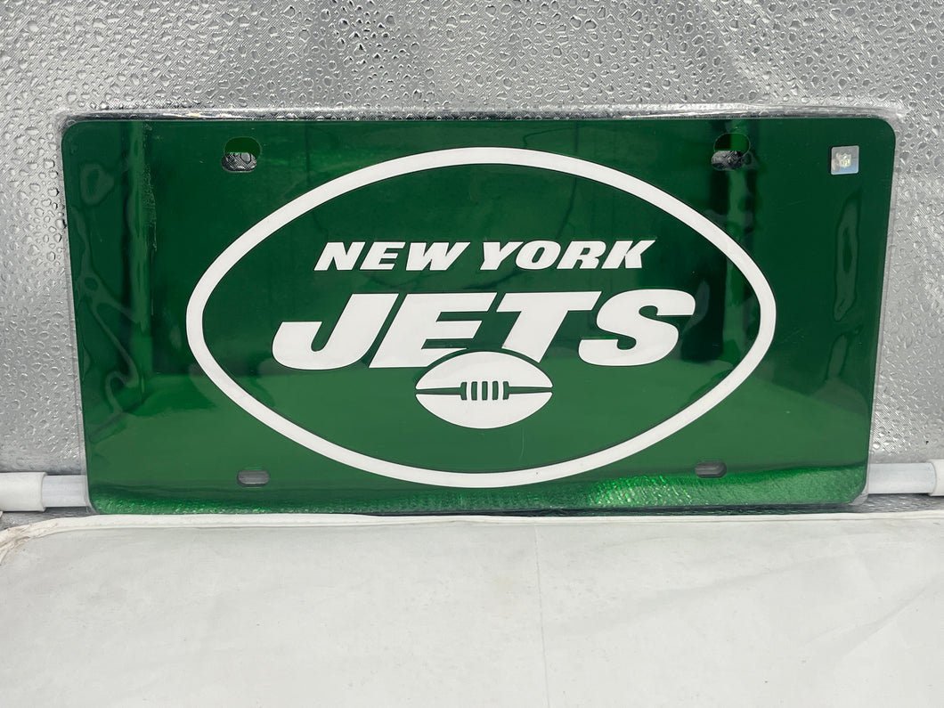 New York Jets NFL Green Reflective Lasercut License Plate from WinCraft, showcasing a vibrant green color and the iconic Jets logo, perfect for displaying team loyalty on vehicles.