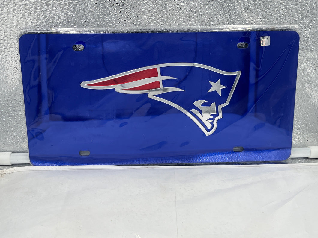 New England Patriots NFL Blue Reflective Lasercut License Plate by WinCraft showcasing intricate lasercut details and vibrant blue design for enhanced visibility on vehicles.