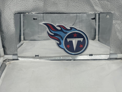 Tennessee Titans NFL Silver Reflective Lasercut License Plate by WinCraft, showcasing intricate lasercut design and high-quality reflective material for car decoration.
