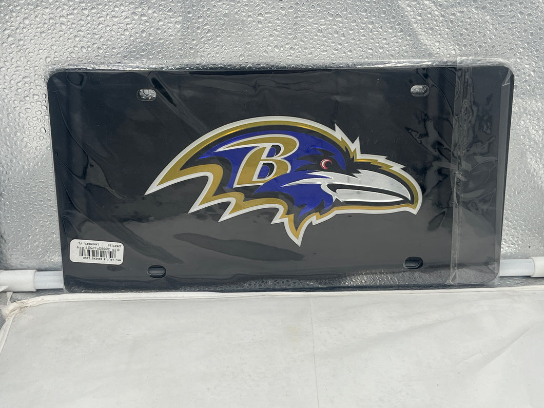 Baltimore Ravens NFL Black Reflective Lasercut License Plate from WinCraft showcasing the iconic Ravens logo with a sleek black design, perfect for fans looking to represent their team.
