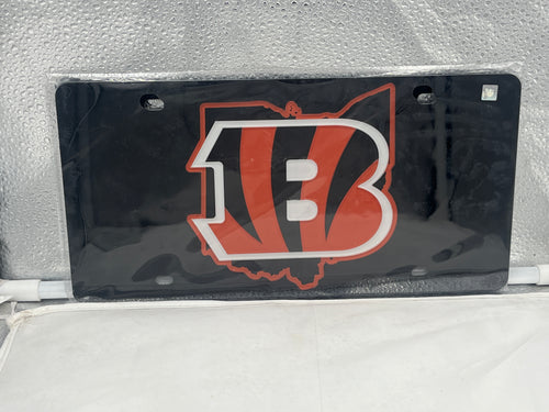 Cincinnati Bengals NFL Black Reflective Lasercut License Plate by WinCraft showcasing the iconic Bengals logo in a sleek, stylish design.