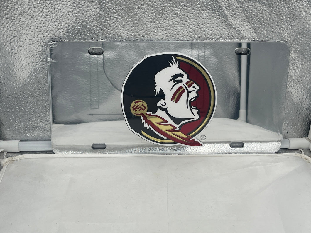 Florida State Seminoles FSU NCAA Silver Mirror LaserCut License Plate by Craftique showcasing the iconic Seminoles logo with an elegant silver mirror finish.