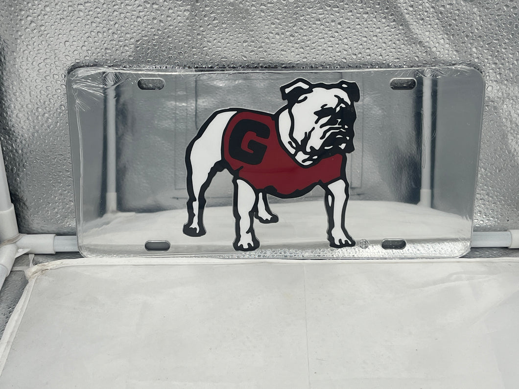 Georgia Bulldogs NCAA Silver Acrylic Laser Cut License Plate by Craftique showcasing the iconic team logo in a stylish design, perfect for displaying on vehicles or as a decorative item.