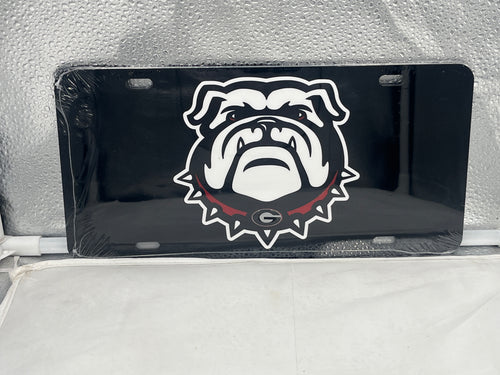 Georgia Bulldogs NCAA Black Acrylic Laser Cut License Plate by Craftique showing the vibrant laser-cut design featuring the iconic Bulldogs logo, perfect for expressing team spirit on your vehicle.