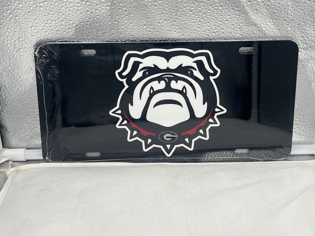 Georgia Bulldogs NCAA Black Acrylic Laser Cut License Plate by Craftique showing the vibrant laser-cut design featuring the iconic Bulldogs logo, perfect for expressing team spirit on your vehicle.