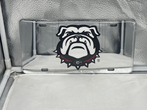 Georgia Bulldogs NCAA Silver Acrylic Laser Cut License Plate by Craftique, showcasing detailed laser-cut logo design for fans.