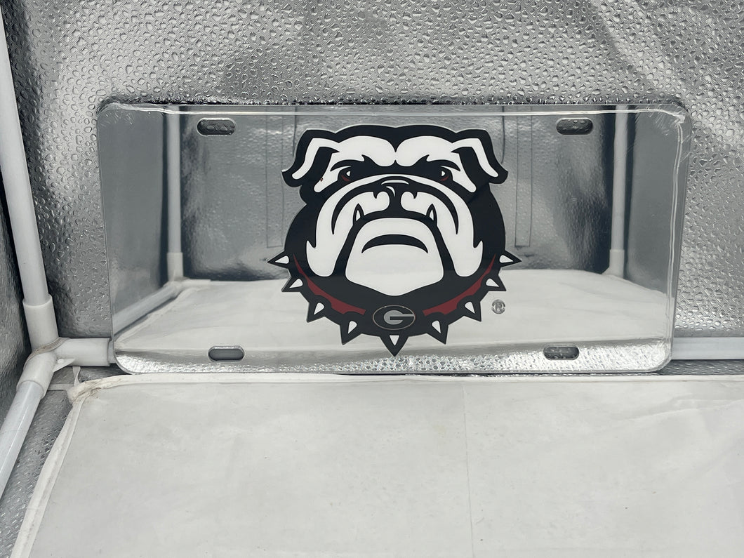 Georgia Bulldogs NCAA Silver Acrylic Laser Cut License Plate by Craftique, showcasing detailed laser-cut logo design for fans.