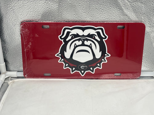 Georgia Bulldogs NCAA Red Acrylic Laser Cut License Plate by Craftique showcasing vibrant red color and intricate details, perfect for any University of Georgia fan.