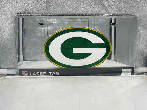 Green Bay Packers NFL Silver Reflective Lasercut License Plate from WinCraft featuring the iconic Packers logo in silver, designed for durability and universal compatibility, ideal for fans showing support on vehicles.