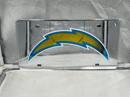 Los Angeles Chargers NFL Silver Reflective Lasercut License Plate from WinCraft, showcasing a high-quality silver reflective finish with the iconic Chargers logo, perfect for displaying team pride on any vehicle.