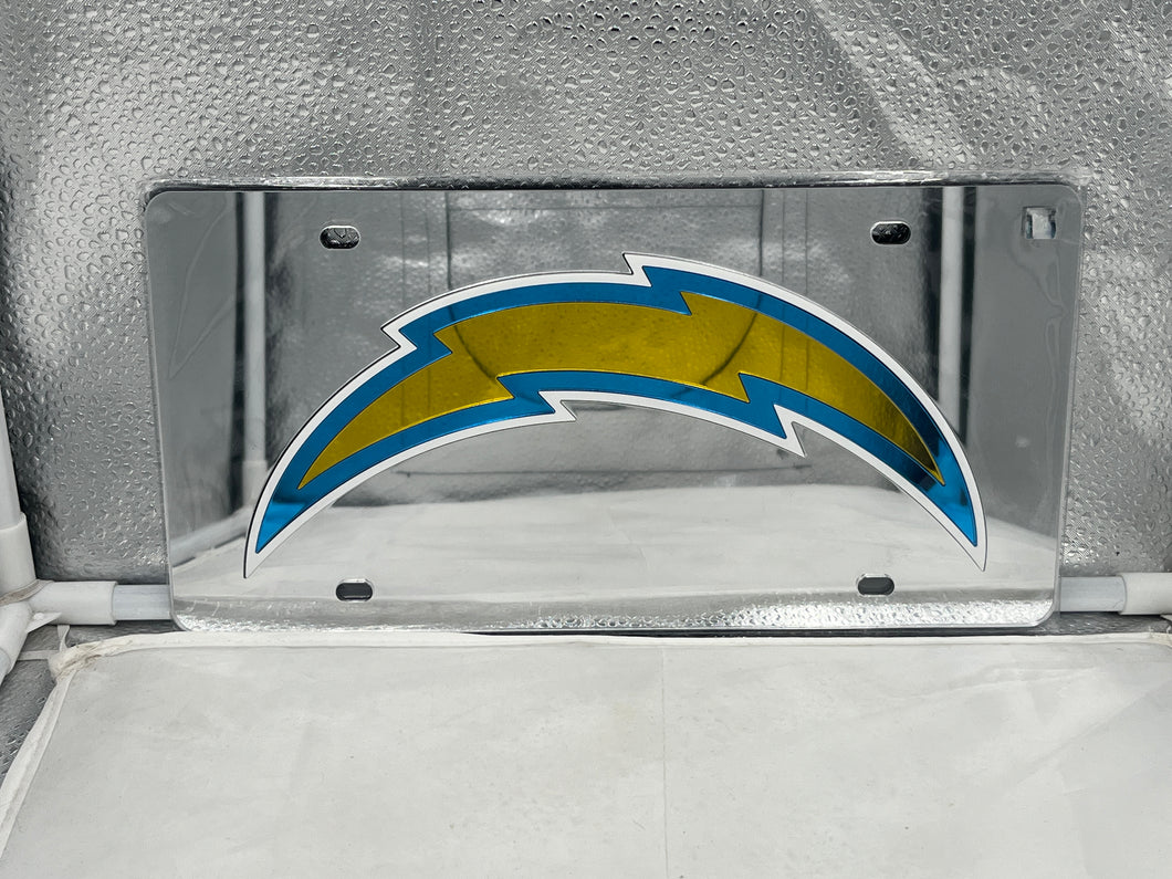 Los Angeles Chargers NFL Silver Reflective Lasercut License Plate from WinCraft, showcasing a high-quality silver reflective finish with the iconic Chargers logo, perfect for displaying team pride on any vehicle.