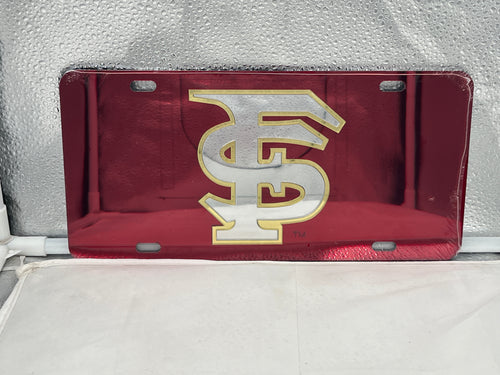 Florida State Seminoles FSU NCAA Red Mirrored Laser Cut License Plate by Craftique, showcasing vibrant red finish and precise laser cut logo.