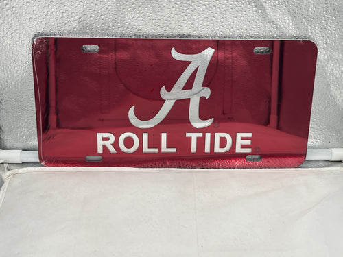 Alabama Crimson Tide NCAA Red Mirrored Laser Cut License Plate from Craftique - Perfect for sports fans and collectors. This alabama crimson tide license plate showcases vibrant red colors and detailed laser-cut design.