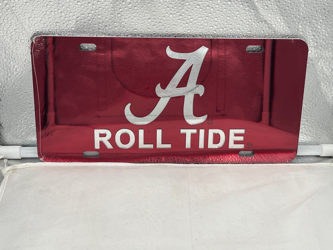 Alabama Crimson Tide NCAA Red Mirrored Laser Cut License Plate from Craftique - Perfect for sports fans and collectors. This alabama crimson tide license plate showcases vibrant red colors and detailed laser-cut design.