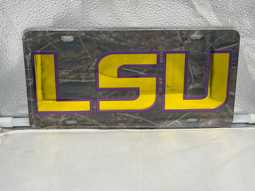LSU Tigers NCAA Camo Mirrored Laser Cut License Plate by Craftique showcasing its unique camo design and mirrored finish, perfect for sports fans to display school spirit on their vehicles.