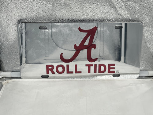Alabama Crimson Tide NCAA Silver Mirrored Laser Cut License Plate from Craftique - a stylish and durable license plate featuring the Alabama Crimson Tide logo, perfect for fans and collectors.