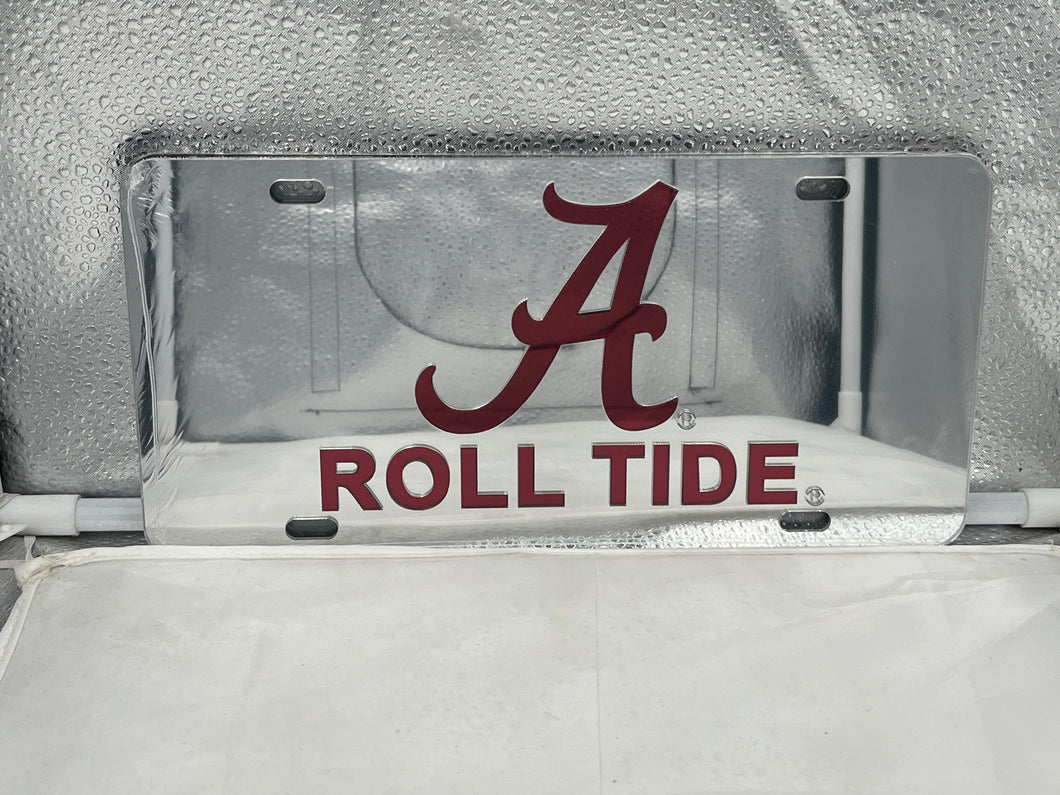 Alabama Crimson Tide NCAA Silver Mirrored Laser Cut License Plate from Craftique - a stylish and durable license plate featuring the Alabama Crimson Tide logo, perfect for fans and collectors.