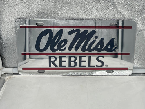 Ole Miss Rebels NCAA Silver Mirrored Laser Cut License Plate from Craftique, featuring a laser-cut design that reflects light and showcases team pride.