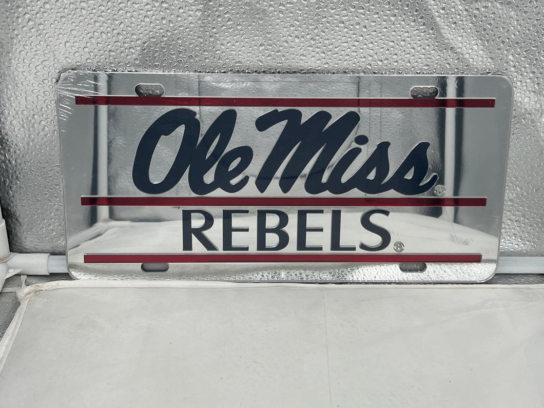 Ole Miss Rebels NCAA Silver Mirrored Laser Cut License Plate from Craftique, featuring a laser-cut design that reflects light and showcases team pride.