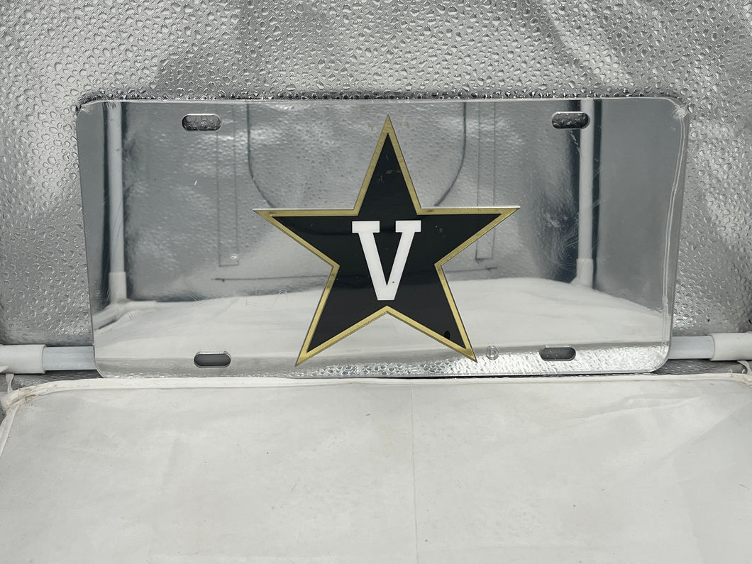 Vanderbilt Commodores NCAA Silver Mirrored Laser Cut License Plate from Craftique, featuring a sleek mirrored finish and precision laser-cut design, perfect for showcasing team pride on vehicles or as unique decor.