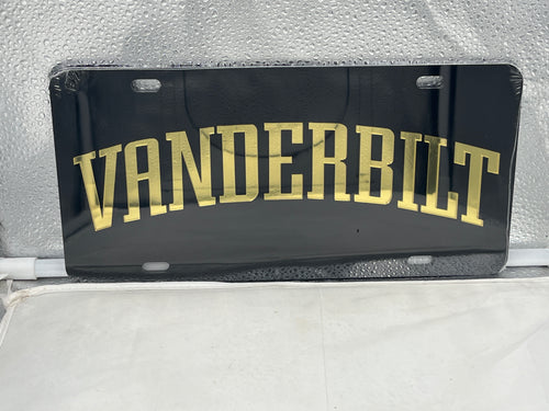 Vanderbilt Commodores NCAA Black Mirrored Laser Cut License Plate by Craftique showcasing its sleek design and iconic logo for fans