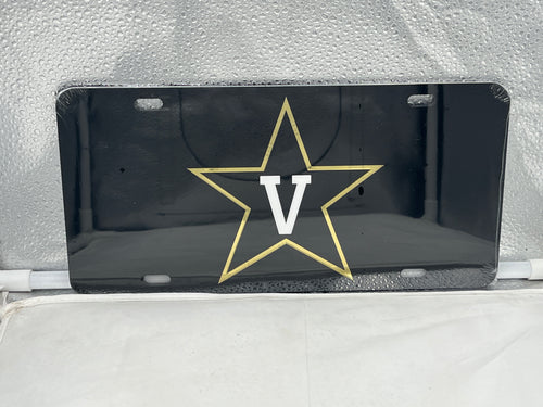 Vanderbilt Commodores NCAA Black Mirrored Laser Cut License Plate from Craftique displaying intricate laser-cut logo and sleek mirrored finish, perfect for showcasing team spirit.