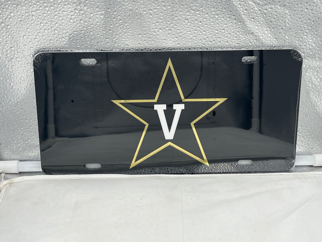 Vanderbilt Commodores NCAA Black Mirrored Laser Cut License Plate from Craftique displaying intricate laser-cut logo and sleek mirrored finish, perfect for showcasing team spirit.