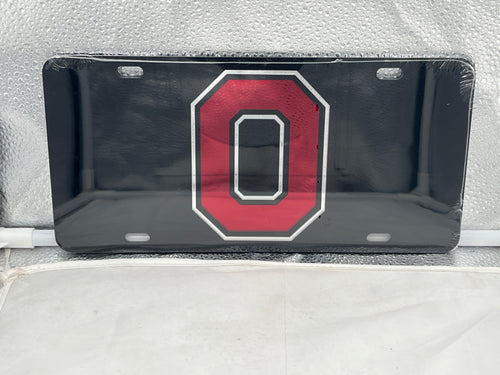 Ohio State Buckeyes NCAA Black Mirrored Laser Cut License Plate from Craftique showcasing a stylish black mirrored finish with an intricately laser-cut team logo.