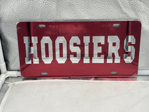 Indiana Hoosiers NCAA Red Mirrored Laser Cut License Plate by Craftique, showcasing vibrant red color, reflective design, and laser-cut Hoosiers logo, perfect for displaying team spirit on vehicles.