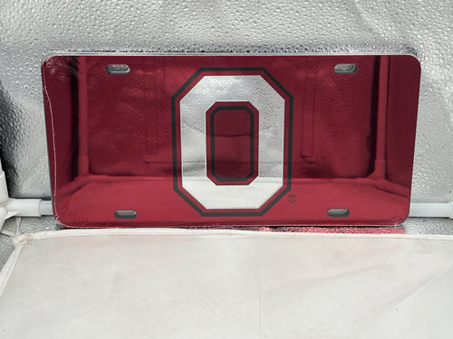 Ohio State Buckeyes NCAA Red Mirrored Laser Cut License Plate by Craftique showcasing vibrant red color with polished mirrored finish, designed for passionate fans to display their school spirit and pride.