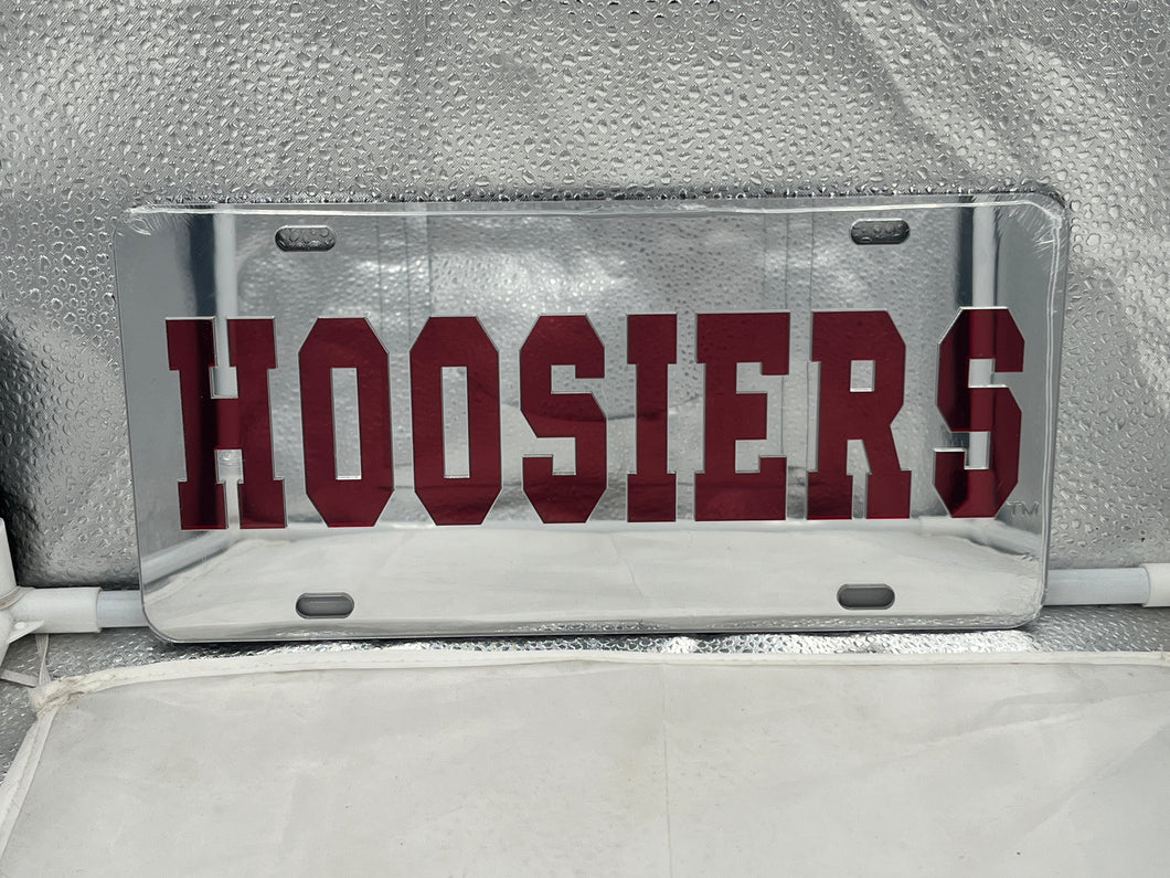 Indiana Hoosiers NCAA Silver Mirrored Laser Cut License Plate from Craftique showing the team's logo with a stylish mirrored finish, perfect for enhancing vehicle aesthetics and displaying team pride.