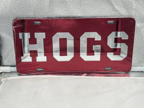 Arkansas Razorbacks NCAA Red Mirrored Laser Cut License Plate from Craftique, showcasing a striking design and vibrant colors, perfect for fans and adding flair to any vehicle.
