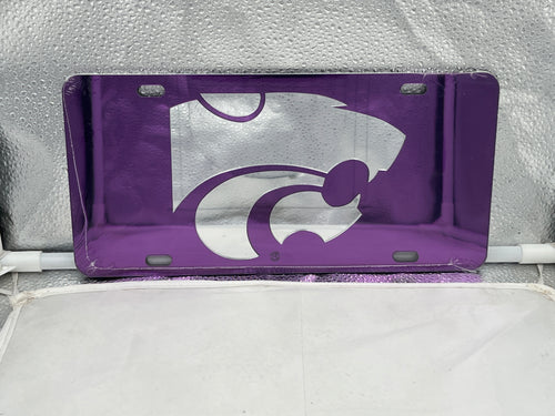 Kansas State Wildcats NCAA Purple Mirrored Laser Cut License Plate by Craftique featuring a reflective surface and detailed laser-cut logo to showcase team spirit.