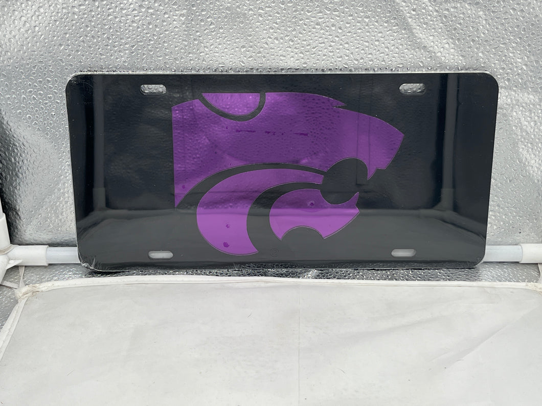 Kansas State Wildcats NCAA Black Mirrored Laser Cut License Plate Craftique showcasing the elegant black mirrored finish and vibrant logo, perfect for vehicle decoration or home display.