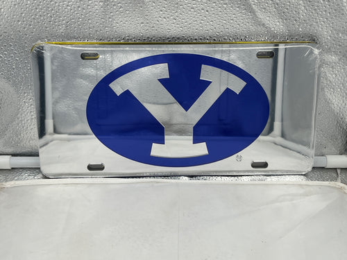 BYU Cougars NCAA Silver Mirrored Laser Cut License Plate by Craftique showcasing vibrant team colors and high-quality craftsmanship, perfect for showcasing team spirit on vehicles.
