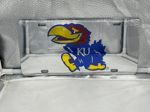 Kansas Jayhawks NCAA Silver Mirrored Laser Cut License Plate from Craftique designed for fans, featuring a unique silver mirrored finish and intricate laser-cut details, perfect for vehicle display.