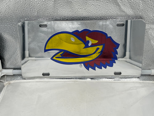 Kansas Jayhawks NCAA Silver Mirrored Laser Cut License Plate by Craftique showcasing a stunning laser-cut design and premium mirrored finish, ideal for showing team spirit.