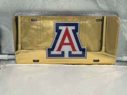 Arizona Wildcats NCAA Gold Mirrored Laser Cut License Plate, showcasing a stylish design and durable construction, perfect for displaying team pride with this arizona wildcats license plate.