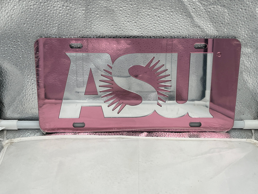 Arizona State Sun Devils NCAA Pink Mirrored Laser Cut License Plate Craftique. Show your team spirit with this vibrant Arizona State license plate featuring a stylish mirrored design.