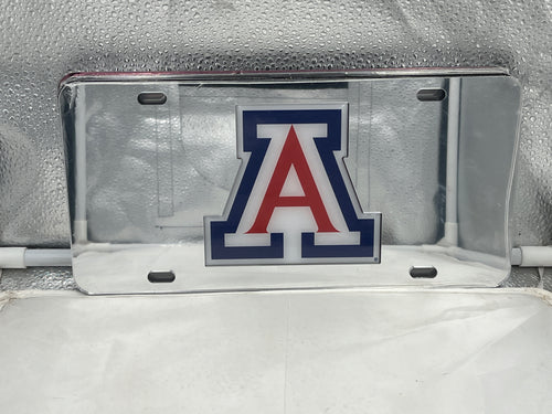 Arizona Wildcats NCAA Silver Mirrored Laser Cut License Plate Craftique showcasing the iconic logo and stylish design, perfect for fans wanting to express their school spirit with an Arizona Wildcats license plate.