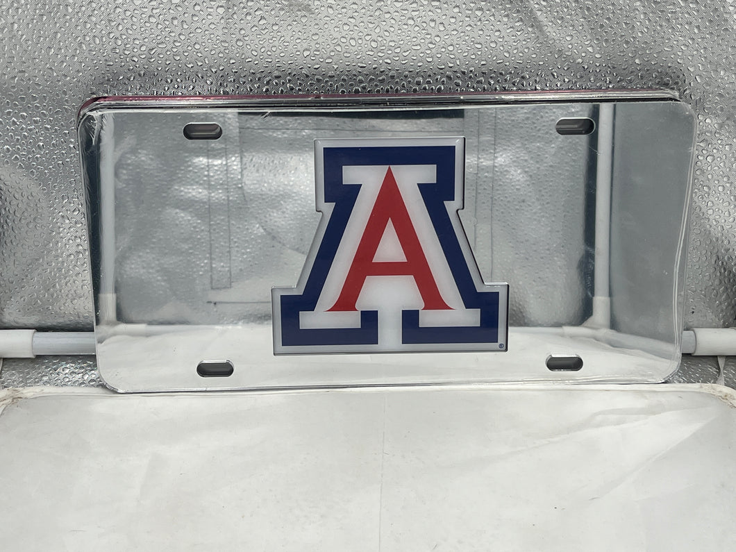 Arizona Wildcats NCAA Silver Mirrored Laser Cut License Plate Craftique showcasing the iconic logo and stylish design, perfect for fans wanting to express their school spirit with an Arizona Wildcats license plate.