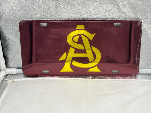 Arizona State Sun Devils NCAA Red Mirrored Laser Cut License Plate Craftique, featuring a sleek red mirrored finish and laser-cut logo, perfect for showcasing team spirit and pride.