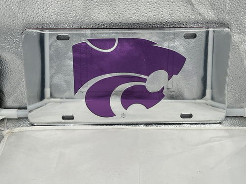 Kansas State Wildcats NCAA Silver Mirrored Laser Cut License Plate by Craftique, showcasing a stunning silver mirrored finish with the iconic K-State logo, perfect for displaying school spirit on your vehicle.