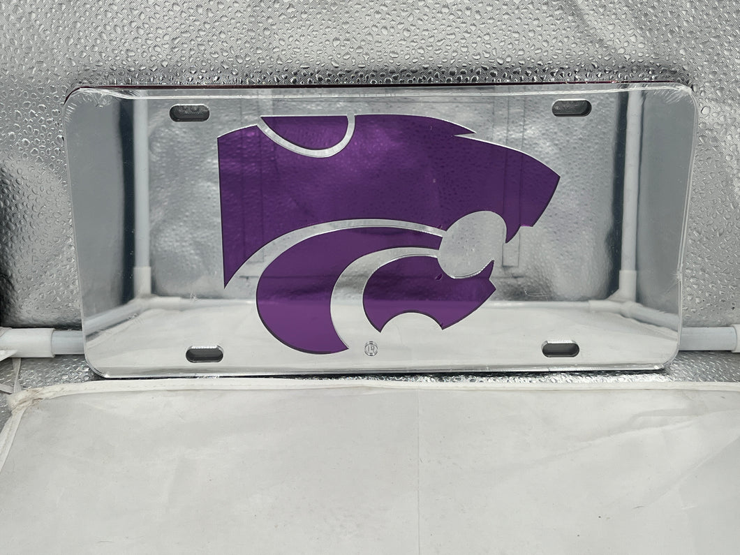 Kansas State Wildcats NCAA Silver Mirrored Laser Cut License Plate by Craftique, showcasing a stunning silver mirrored finish with the iconic K-State logo, perfect for displaying school spirit on your vehicle.