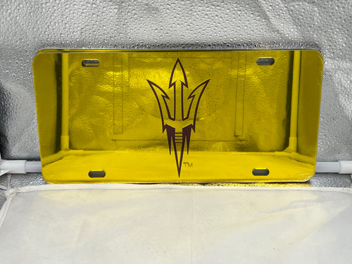 Arizona State Sun Devils NCAA Yellow Mirrored Laser Cut License Plate by Craftique, featuring vibrant yellow mirrored finish and iconic logo, perfect for showcasing team spirit and pride in your vehicle.