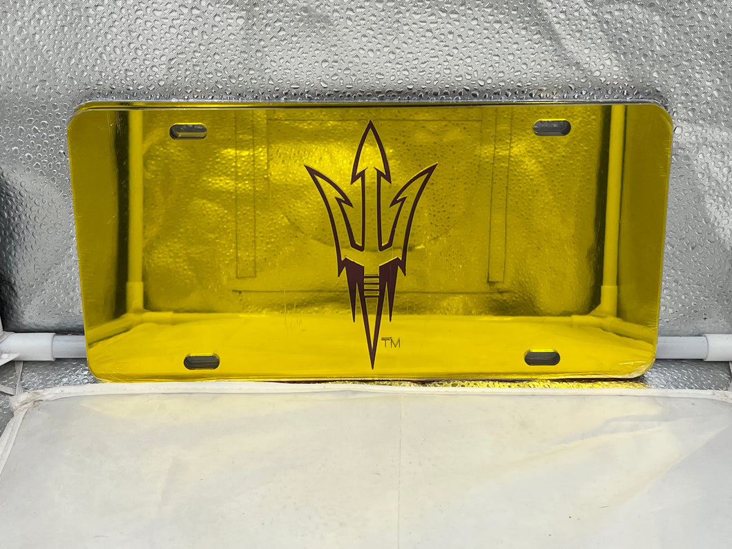 Arizona State Sun Devils NCAA Yellow Mirrored Laser Cut License Plate by Craftique, featuring vibrant yellow mirrored finish and iconic logo, perfect for showcasing team spirit and pride in your vehicle.