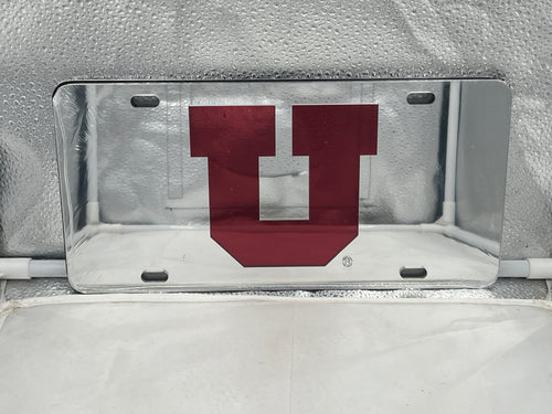 Utah Utes NCAA Silver Mirrored Laser Cut License Plate by Craftique showcasing detailed laser-cut design and elegant silver finish, perfect for automobile styling and expressing team loyalty.