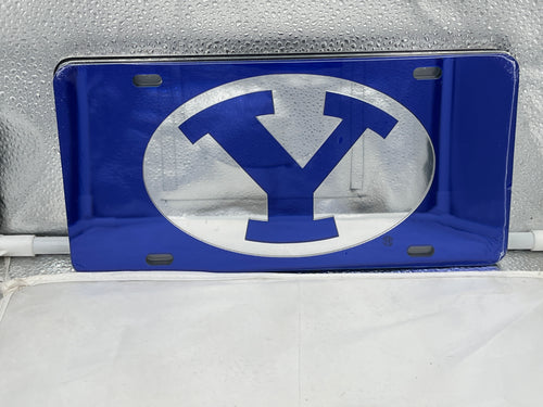 BYU Cougars NCAA Blue Mirrored Laser Cut License Plate showing vibrant blue mirrored finish and detailed laser cut design, perfect for displaying school pride.